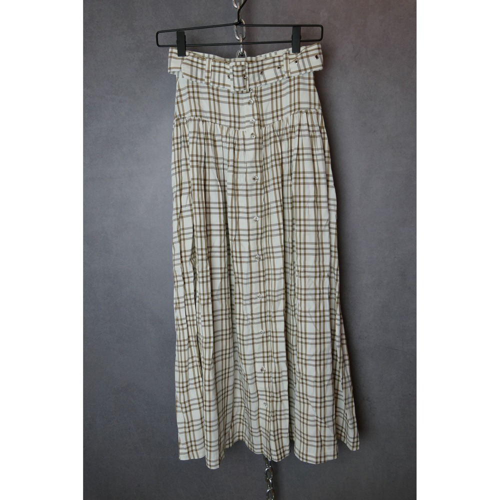 Mr. Larkin Women's XS Maxi Skirt Beige Brown Plaid Button Front Viscose